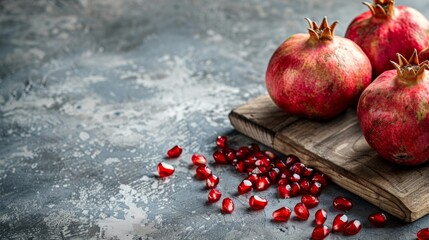 Wall Mural - Pomegranates and Seeds on Rustic Wooden Board - Generative AI