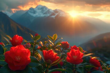 Wall Mural - High Mountain Sunrise Red Flower