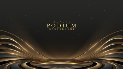 Wall Mural - Elegant black and gold podium background with flowing lines and sparkling elements, perfect for luxury presentations and events. Vector Illustration.