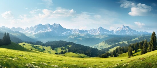 Wall Mural - Scenic alpine mountains with meadows and forests under sunlight, creating an idyllic nature landscape with a beautiful panoramic view and copy space image.