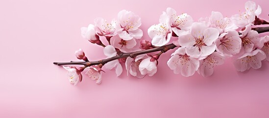 Wall Mural - Closeup view of a bouquet of almond blossoms on a pink background with space for text or image insertion. with copy space image. Place for adding text or design