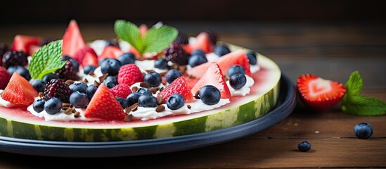 Poster - Summer dessert featuring watermelon pizza slices topped with yogurt and berries, with a beautiful copy space image.