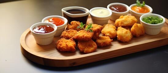 Aufkleber - Chicken nuggets made at home with various homemade sauces, featuring copy space image.