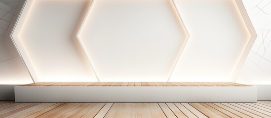 Poster - Abstract futuristic stage with elegant geometric design, featuring simple lines and polygons as a background, including a white wood shelf for product display, with copy space image.