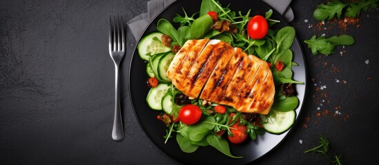 Poster - Healthy lunch menu featuring grilled chicken breast, fresh vegetable salad, including lettuce, arugula, spinach, cucumber, and tomato, with a top view showcasing a copy space image.