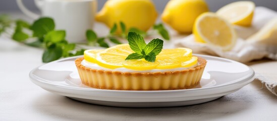 Wall Mural - French lemon tart on white plate with lemons as a food concept in a copy space image.