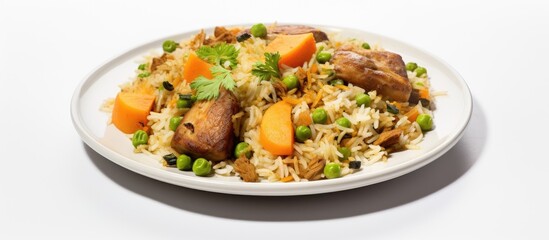 Poster - Copy space image of Matar Pulao served on a plate with Biryani rice against a white background.