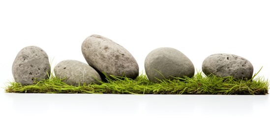 Poster - Large stones on grass in a white background with a clipping path for copy space image.