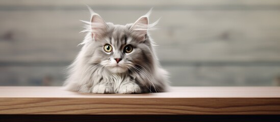 Poster - A cute long-haired gray kitten with big green eyes rests on a white table, grooming its whiskers. The adorable cat leaves room for a copy space image.