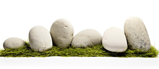 Poster - Large stones on grass in a white background with a clipping path for copy space image.