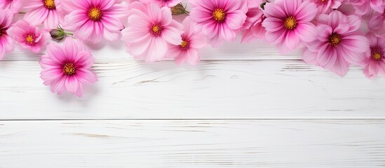 Poster - Pink flowers on a white wooden background in a top view flat lay with copy space image.