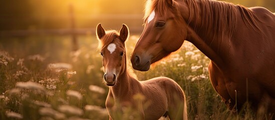 Poster - A lovely brown mare cares for her young foal in the warm light of a summer evening, creating a serene image with copy space.