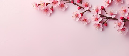 Poster - Pink plum blossom frame on pastel background signifies the Happy Women's Day concept in a top view flat lay style with copy space image.