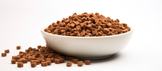 Poster - Healthy dry pet food in a metal bowl with brown kibble pieces on a white background, offering plenty of copy space image.