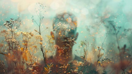 Wall Mural - A man is in a field of flowers with his face blurred, AI