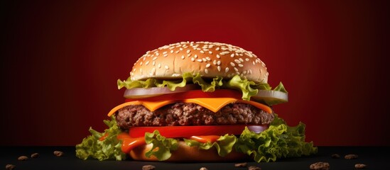 Poster - A towering hamburger set against a red backdrop with a copy space image.