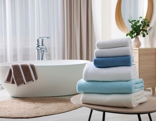 Poster - Table with towels near bathtub in room
