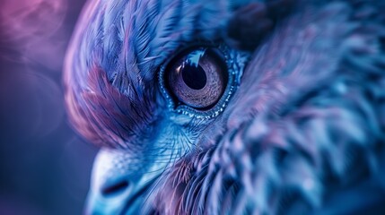 Poster - A close up of a bird's eye with purple and blue colors, AI