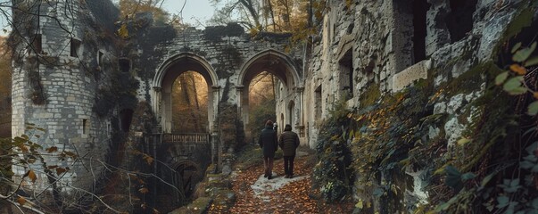 Wall Mural - Friends exploring an old castle, history, and adventure, 4K hyperrealistic photo.