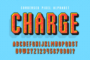 Poster - Pixel vector alphabet design, stylized like in 8-bit games. High contrast and sharp, retro-futuristic.
