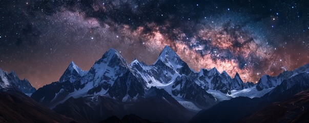 Wall Mural - Snow-capped peaks illuminated by the soft glow of the Milky Way, 4K hyperrealistic photo