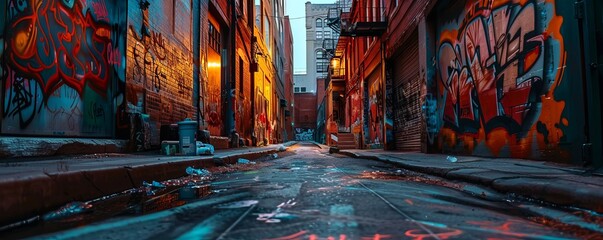 Poster - Enigmatic alleyway adorned with vibrant graffiti, 4K hyperrealistic photo