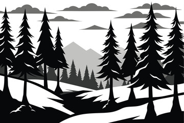 Landscape, winter forest, contours sketch vector illustration