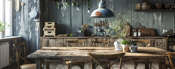 Sticker - Rustic dining room with a reclaimed wood table, farmhouse chairs, and natural elements, 4K hyperrealistic photo