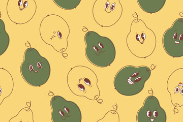 Wall Mural - Seamless pattern of pears in kawaii style with eyes. Happy cute cartoon pear emoticon set. Vector illustration of healthy vegetarian food. 