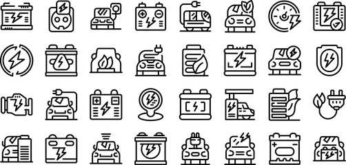 Poster - electricity car accumulator icons set. line icons set of accumulator repairing and charging service,