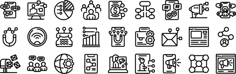 Poster - referral network icons set. Digital marketing strategy, social media marketing campaign, digital marketing tools, online business promotion and digital technology icons set