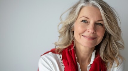 Wall Mural - A woman with long blonde hair and a red scarf, AI