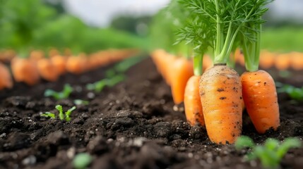 A row of carrots are growing in a field