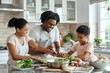 © neirfy - A joyful family happily cooking together in a beautiful, welllit kitchen, enjoying the bonding experience