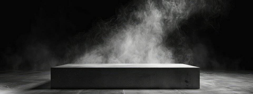 3d rendering of empty dark stage with spotlight and white smoke or fog.