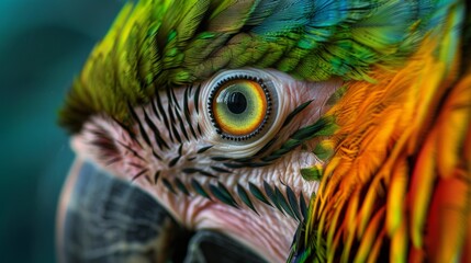 Poster - A close up of a colorful bird's eye with feathers, AI