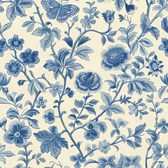 Vintage Chinese chinoiserie botanical watercolor painting drawing of flower branch pattern with blue and white color theme wall art, background, wallpaper, wall art