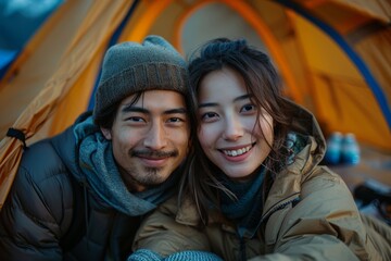 A romantic illustration of a smiling Asian couple that has a strong relationship is having a recreational vacation and camping together among a lot of magnificent views.