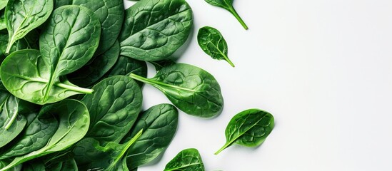 Fresh Green Baby Spinach Leaves Piled on White Background - Close-Up Shot with Flat Lay for Food Concept