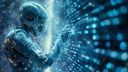 Poster - A futuristic robot is using a holographic interface to control data, digital connections and artificial intelligence technology.