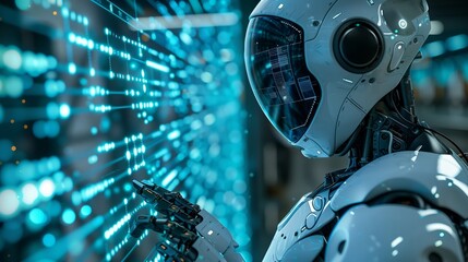 Poster - A futuristic robot is using a holographic interface to control data, digital connections and artificial intelligence technology.
