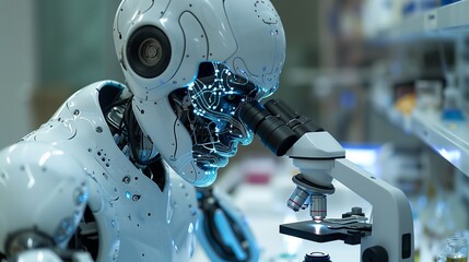 A humanoid robot is using an old-fashioned microscope to study organic matter in the laboratory of what appears to be a research facility or lab