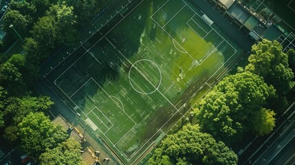 Wall Mural - Aerial view of a football pitch layout.