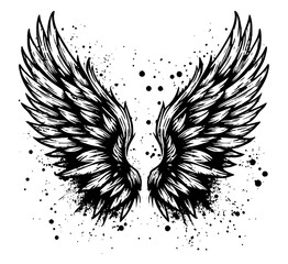 Wall Mural - grunge style angel wings, pollution and dust, black and white vector silhouette transparent background, monochrome illustration, decorative shape sketch for laser cutting engraving print