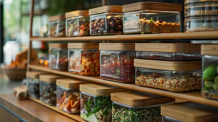 Wall Mural - A stack of glass containers with wooden lids, each containing different healthy food items