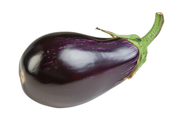 Fresh eggplant with a glossy purple skin and green stem, isolated on a white background. Ideal for culinary and healthy eating concepts.