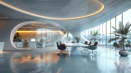Poster - The office space of the future, with a white curved ceiling containing light strips and plants