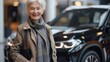 © Irina Ukrainets - Elegant senior woman standing near a stylish modern car in an urban setting. Senior citizen lifestyle and transportation concept image. Perfect for marketing, advertising, and editorial purposes. AI
