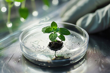 Wall Mural - small plant seedling in petri dish in research lab. concept for biotechnology and genetic modificati