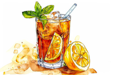 Sticker - Refreshing Iced Tea with Lemon Slice and Mint Sprig   Charming Ink Watercolor Illustration on White Background